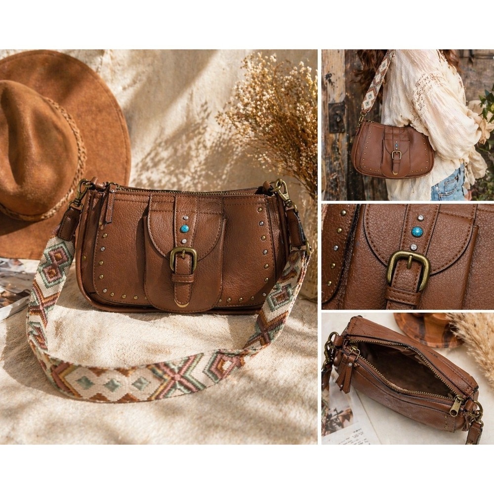 Boho Western Studded Saddle Bag Brown Faux Leather Buckle Crossbody Aztec Strap